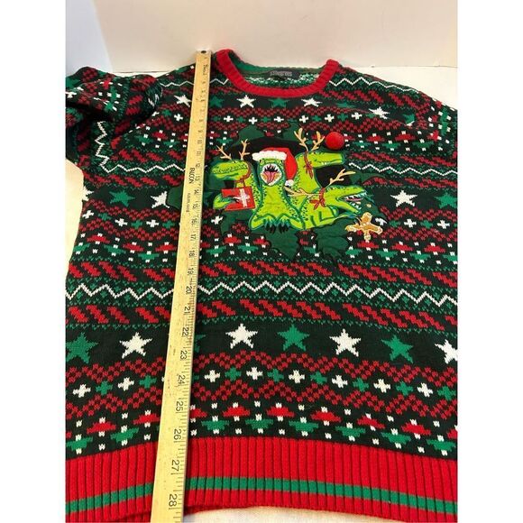 33 Degree Dinosaur Santa Hat Gingerbread M Mens Christmas Sweater Green Red - Picture 7 of 9